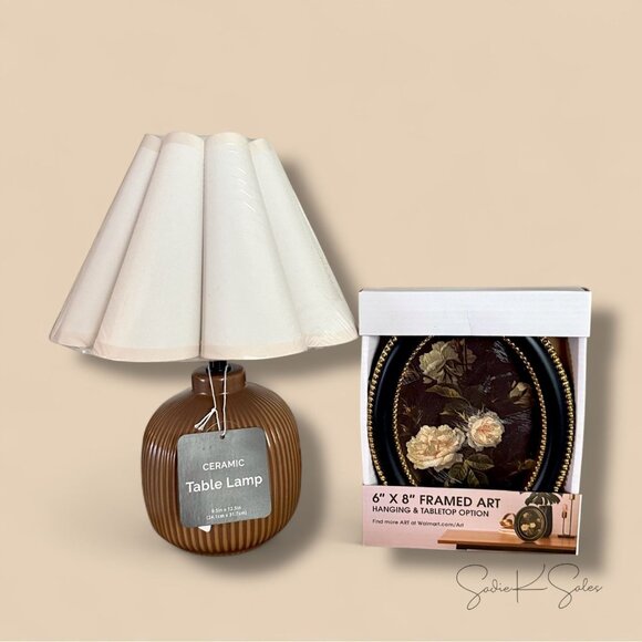 Home Decor Collection 12.5" Brown Ceramic Table Lamp Scalloped Shade - Picture 12 of 12